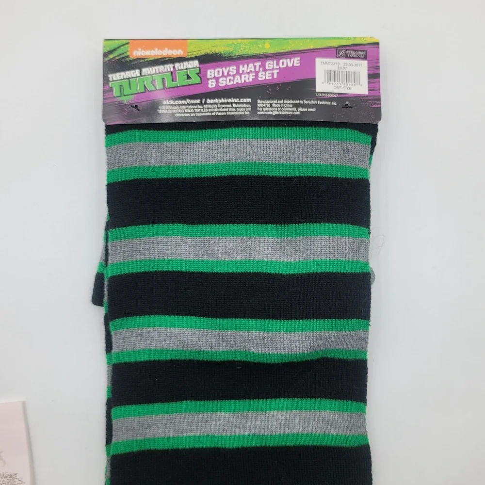 TMNT Boys Hat Glove and Scarf Set Nickelodeon Ninja Turtles Green Black Striped